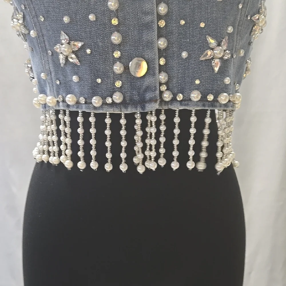 La'Rose Embellished Crystals Stones  Pearls Denim Crop Top Size Large - Picture 11 of 11